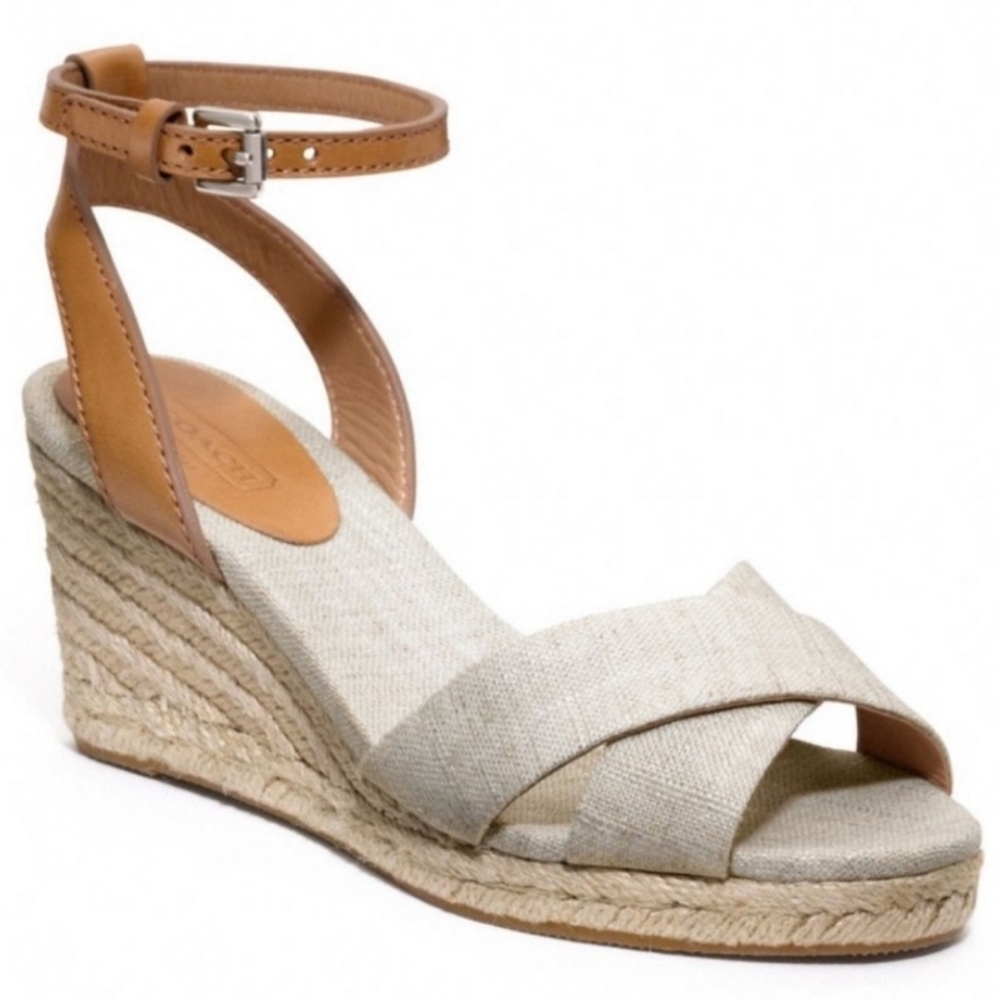 NWOT Coach Henley Espadrille Wedge Brown Leather Ankle Strap Shoes Size 11